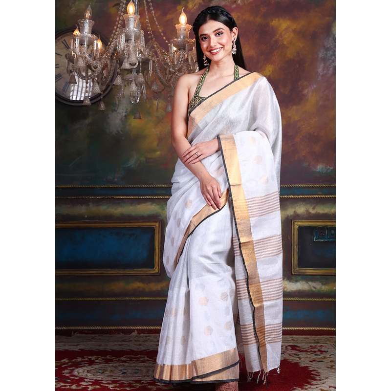 White Linen Silk Saree With Blouse Piece - JD986595609