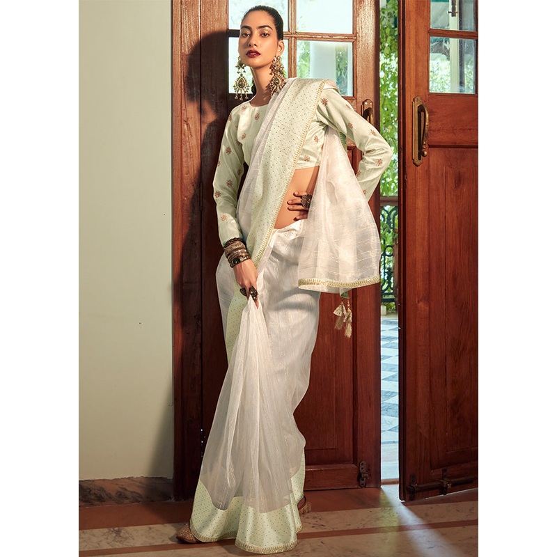 White Organza Embroidered Saree With Blouse Piece - JD986595672