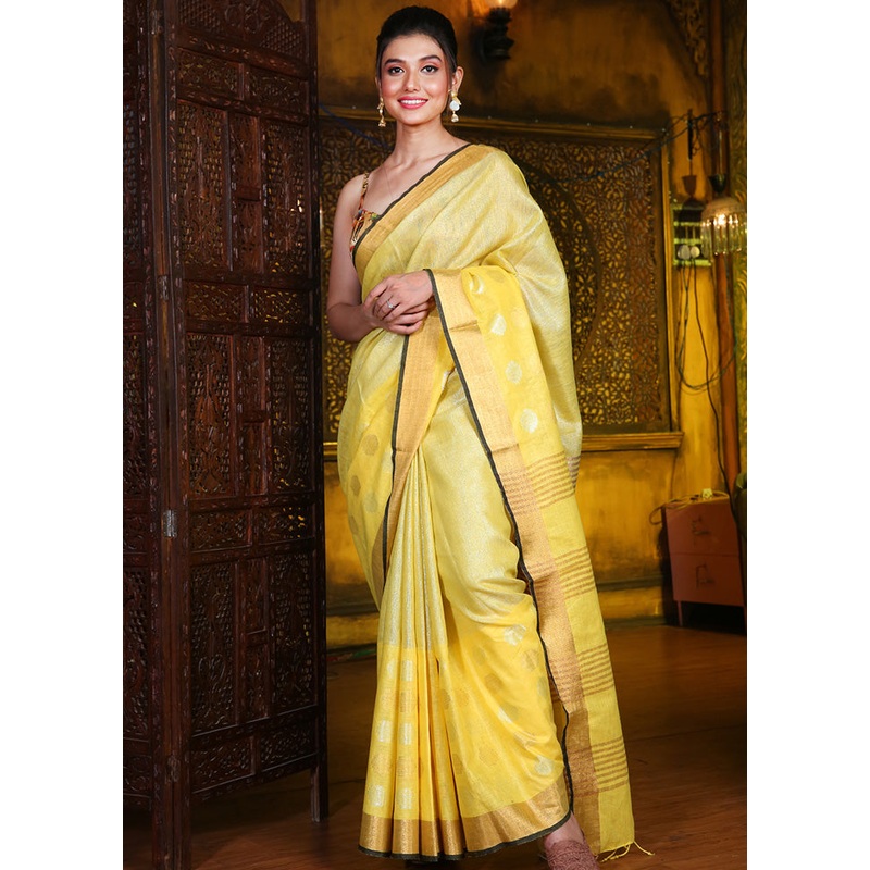 Yellow Linen Silk Saree With Blouse Piece - JD986595612