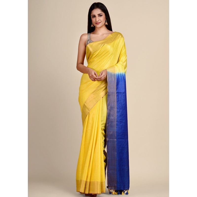Yellow Viscose Rayon Handloom Saree With Blouse - JD986595606