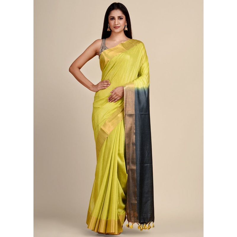 Yellow Viscose Rayon Handloom Saree With Blouse - JD986595608