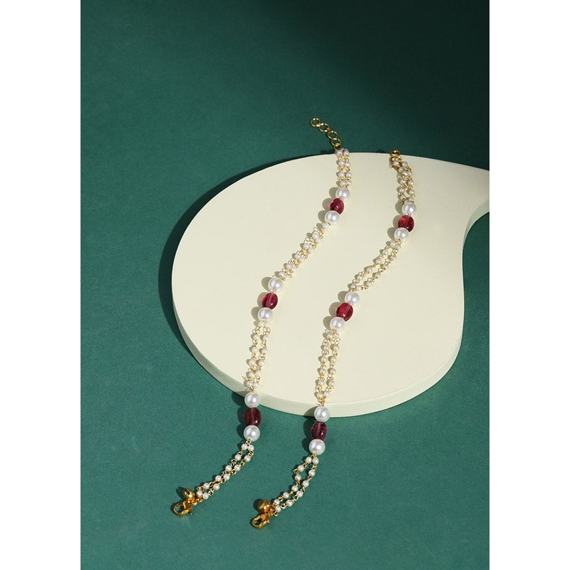 2 Pc Golden Stone Work Alloy Anklet - JD986595334