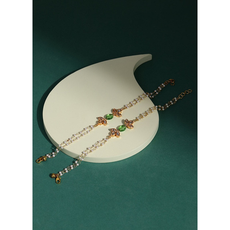 2 Pc Golden Stone Work Alloy Anklet - JD986595336