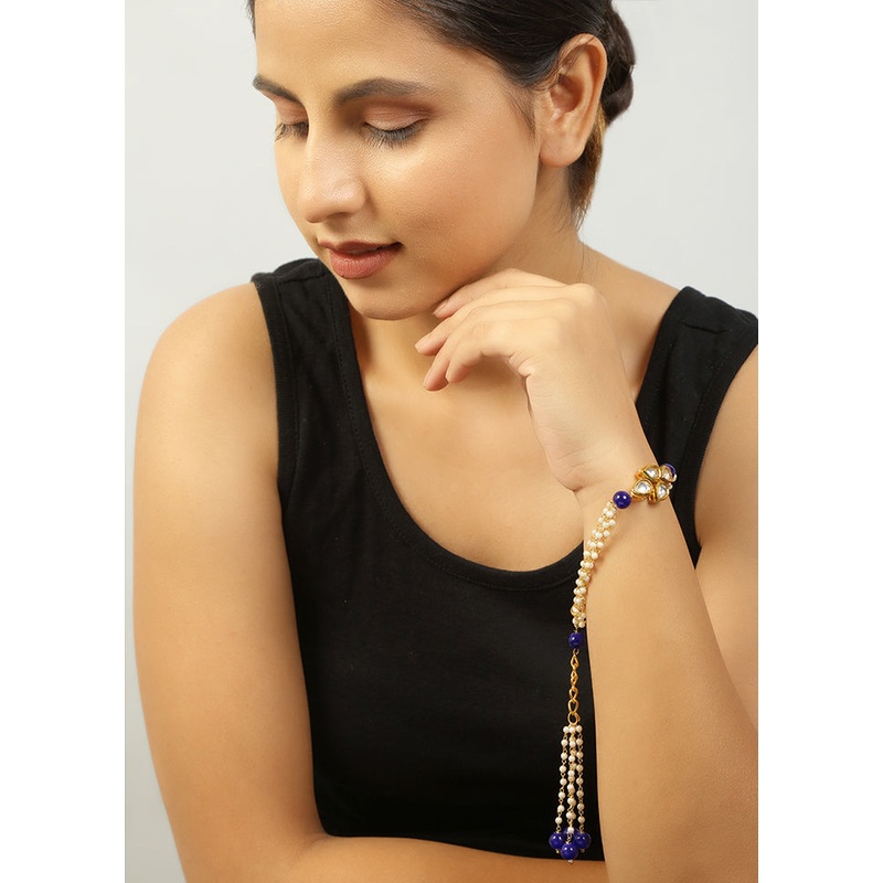 Blue White Gold Tone Kundan Bracelet - JD986595160