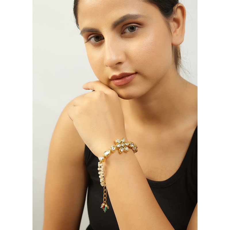 Floral Kundan Gold Tone Bracelet With Multicolor Beads - JD986595157