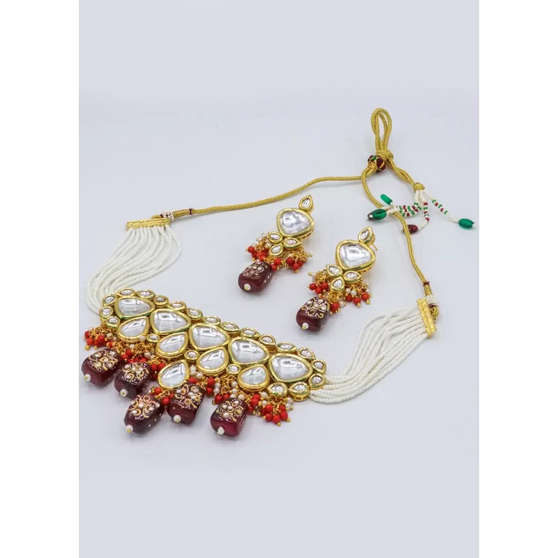 Wine Beaded Kundan Choker Set - JD986595072