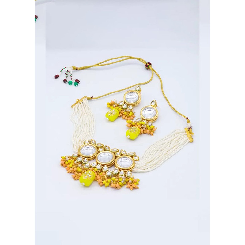 Yellow Beaded Polki Kundan Choker Set - JD986595064