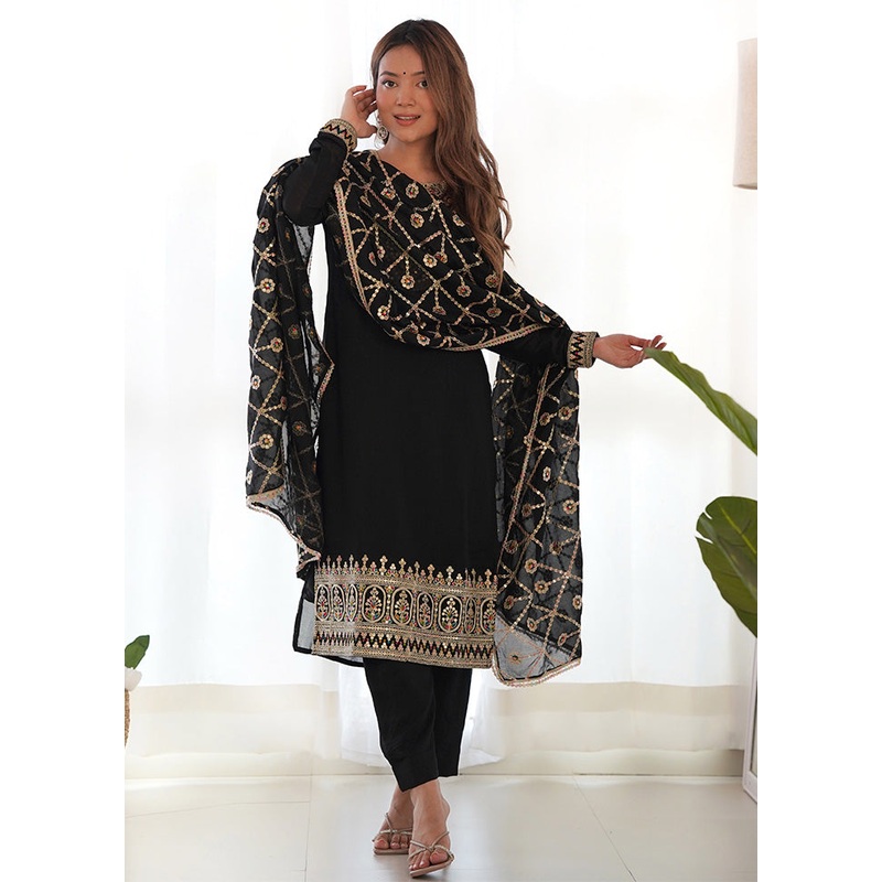 3 Pc Black Pure Readymade Silk Suit Set - JD986593835