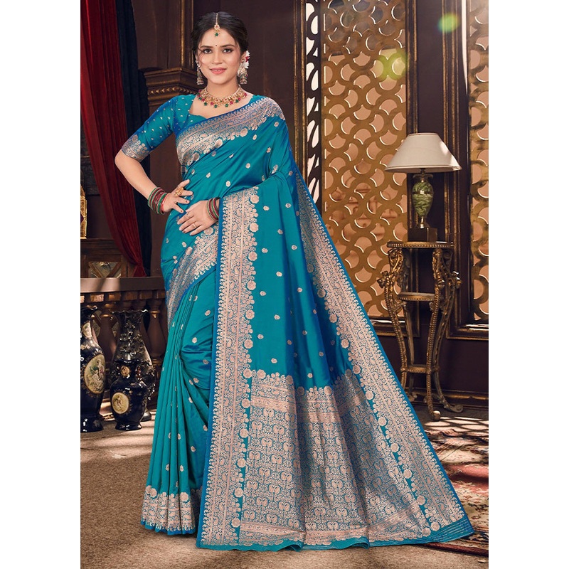 Blue Spun Silk Saree With Blouse Piece - JD986593854
