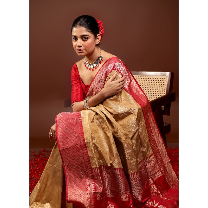 Cream Handloom Katan Pure Silk Saree With Blouse Piece - JD986593856