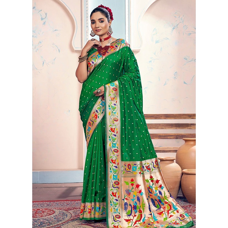 Green Spun Silk Saree With Blouse Piece - JD986593848