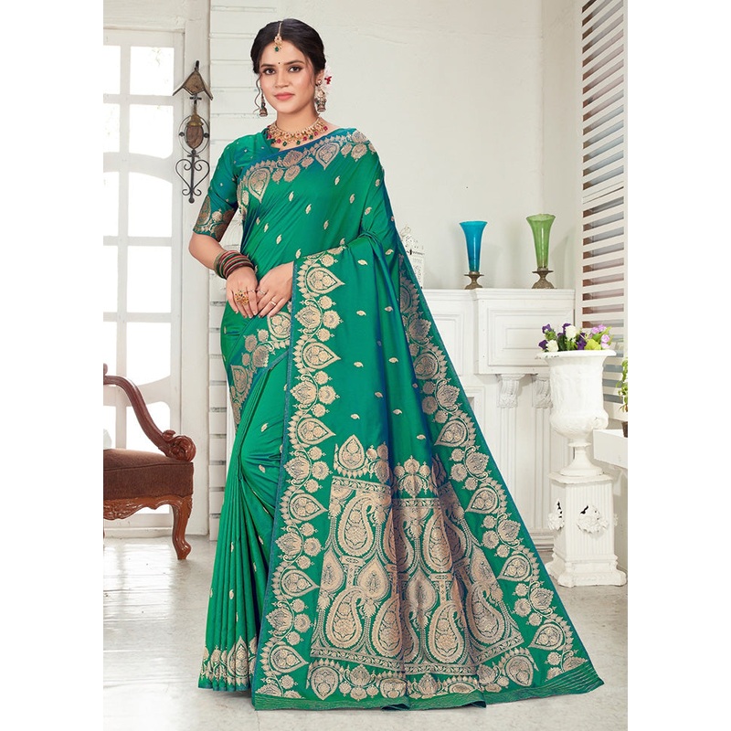 Green Spun Silk Saree With Blouse Piece - JD986593851