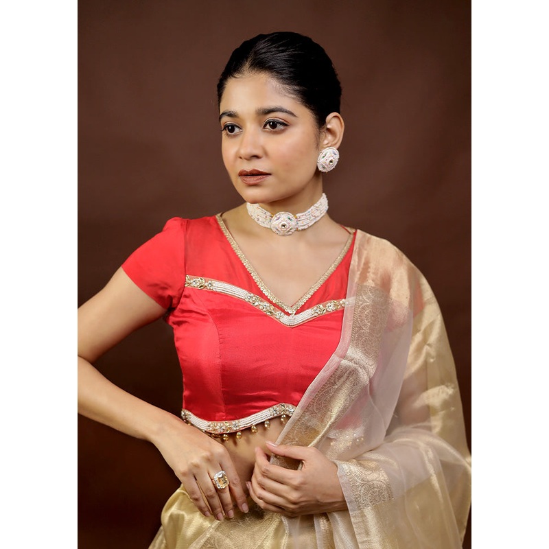 Red Organza Designer Blouse - JD986593867