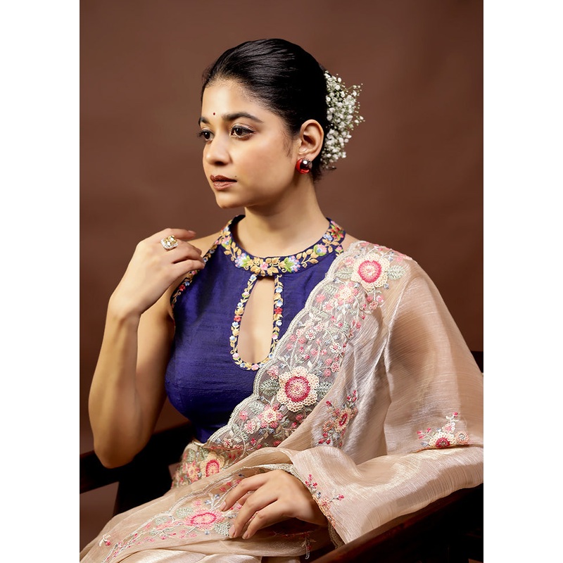 Royal Blue Raw Silk Designer Blouse - JD986593864