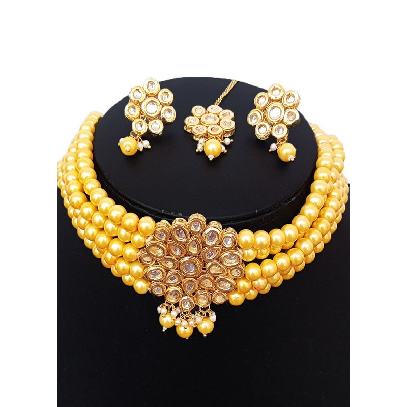 Yellow Kundan Work Alloy Choker Set - JD986593934