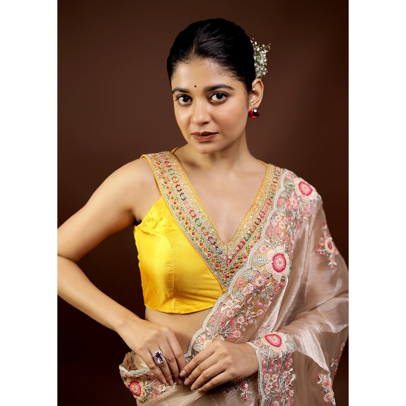 Yellow Pure Silk Designer Blouse - JD986593857