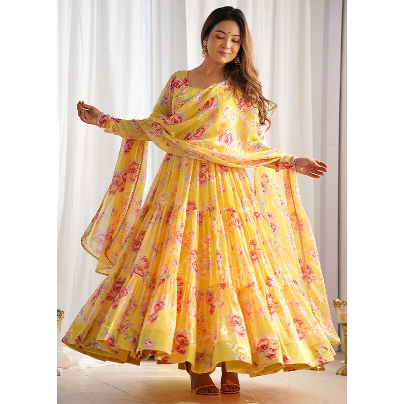 3 Pc Yellow Pure Readymade Georgette Suit Set - JD986593776