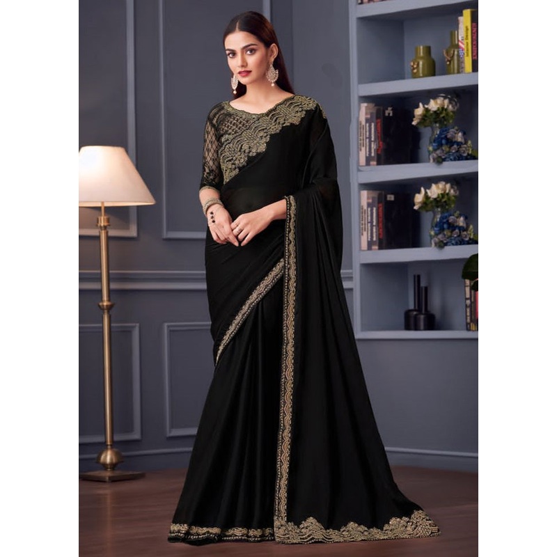 Black Satin Silk Saree With Blouse Piece - JD986593759