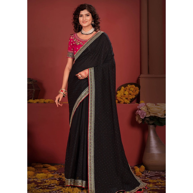 Black Spun Silk Saree With Blouse Piece - JD986593749