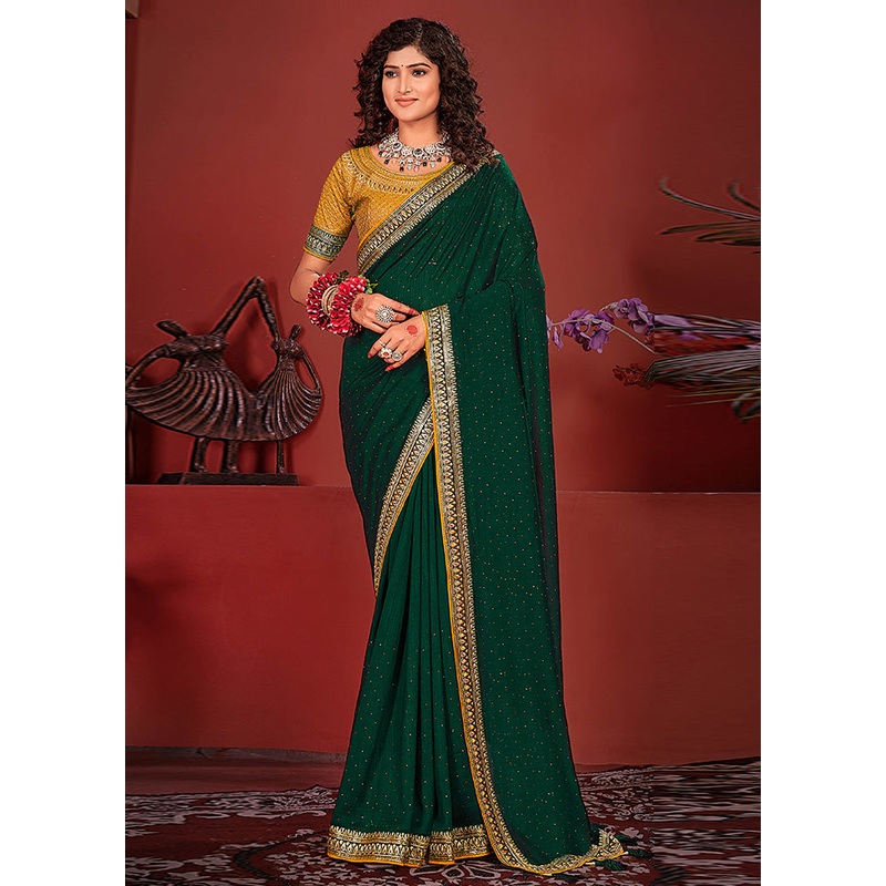 Dark Green Spun Silk Saree With Blouse Piece - JD986593753