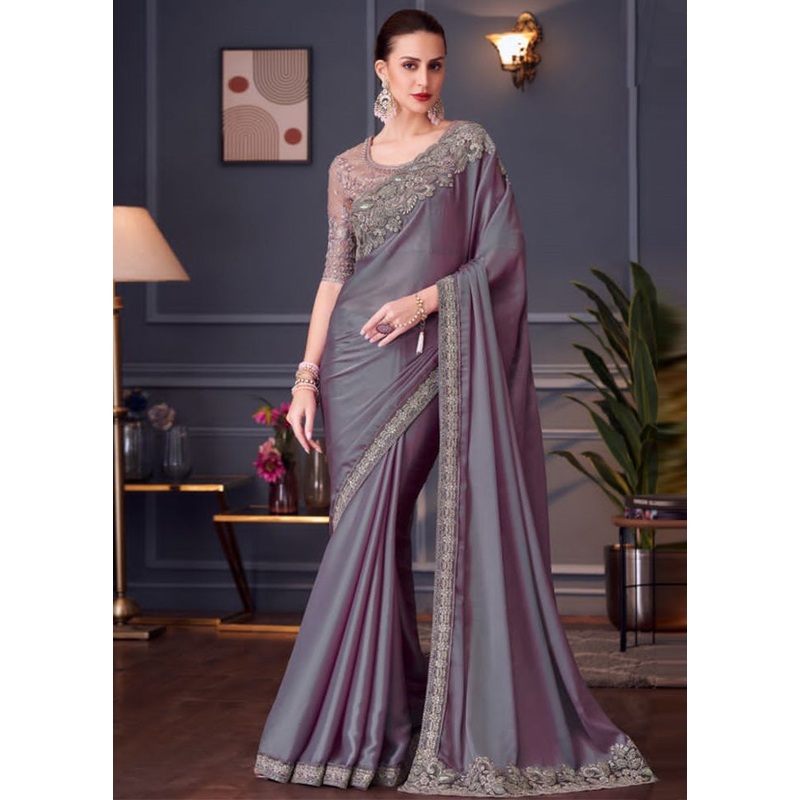 Lavender Chiffon Silk Saree With Blouse Piece - JD986593770