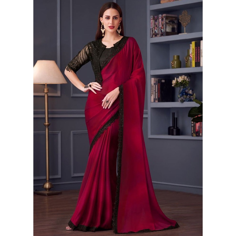 Maroon Satin Silk Saree With Blouse Piece - JD986593756