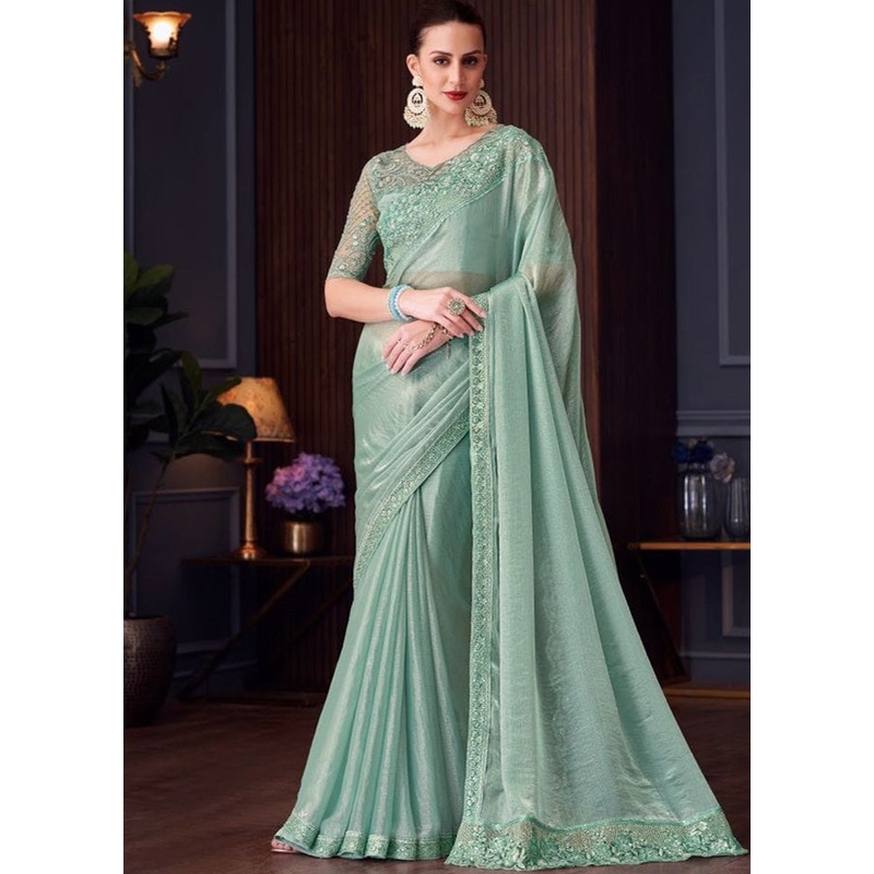 Mint Green Spun Silk Saree With Blouse Piece - JD986593764