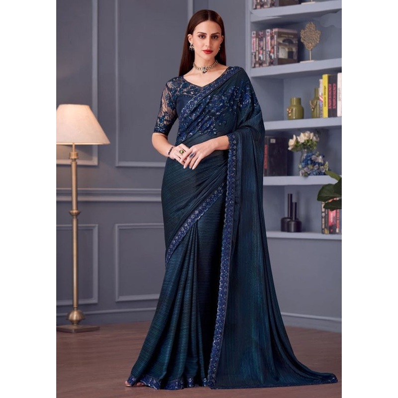 Navy Blue Spun Silk Saree With Blouse Piece - JD986593766