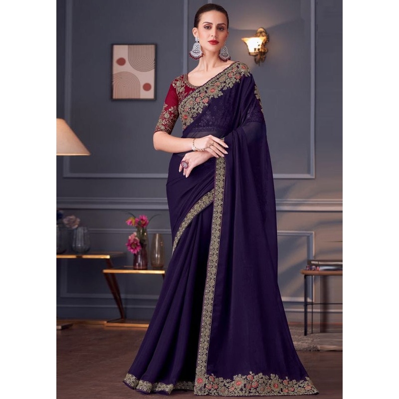 Purple Georgette Saree With Blouse Piece - JD986593768
