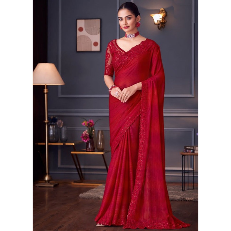 Red Spun Silk Saree With Blouse Piece - JD986593765