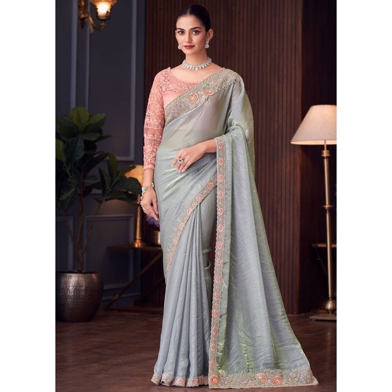 Sky Blue Satin Silk Saree With Blouse Piece - JD986593757
