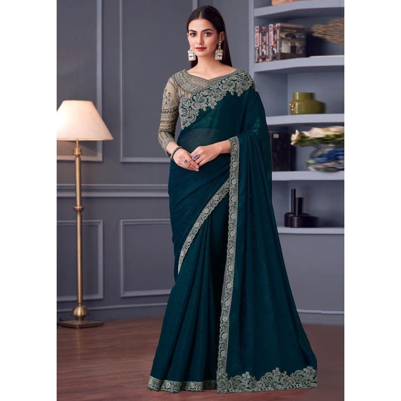 Teal Georgette Saree With Blouse Piece - JD986593769