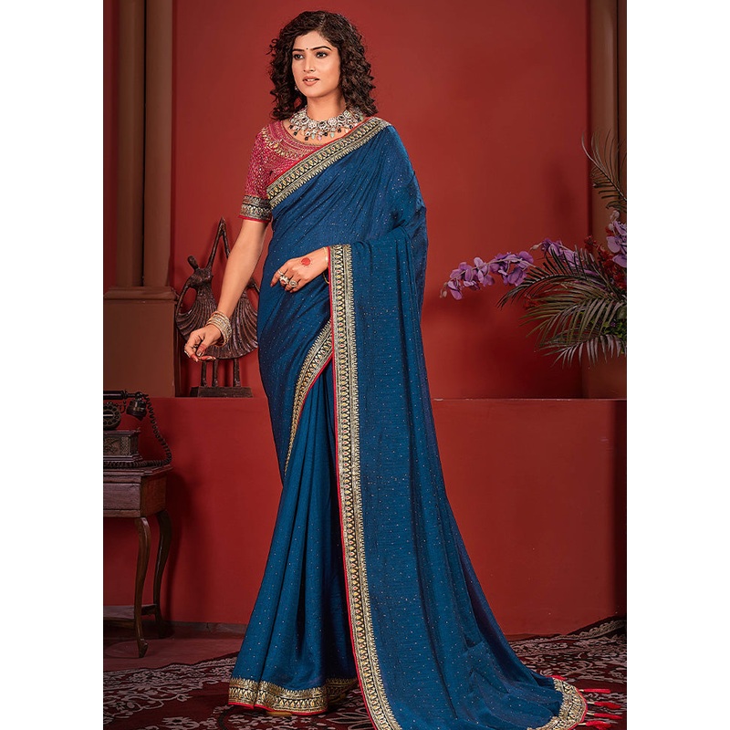 Teal Spun Silk Saree With Blouse Piece - JD986593751