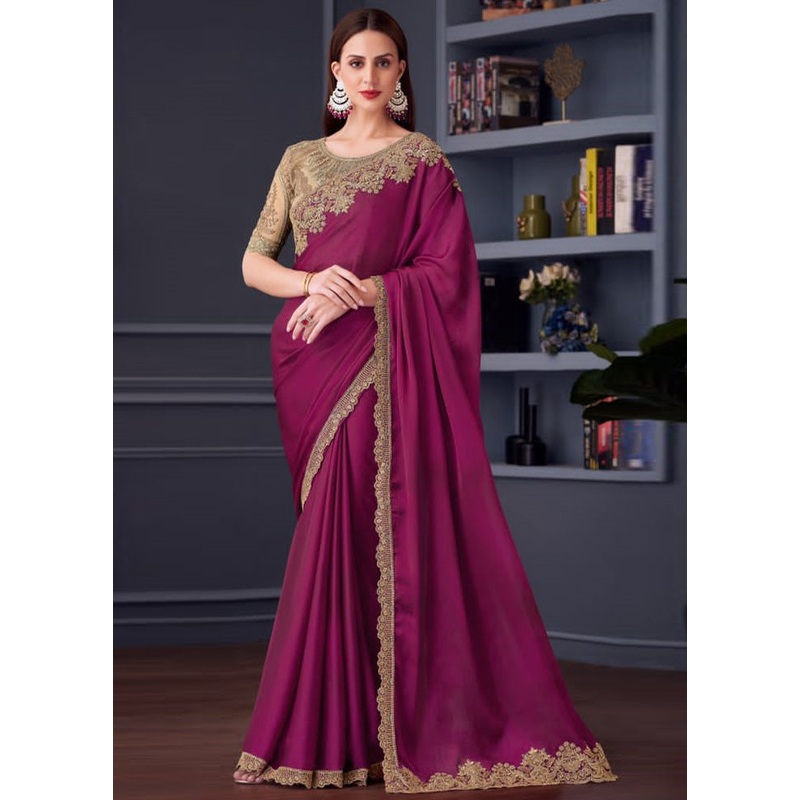Wine Satin Silk Saree With Blouse Piece - JD986593762