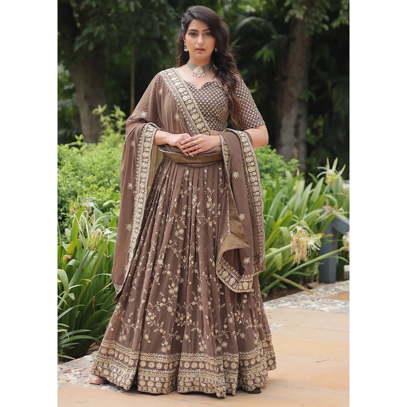 3 Pc Beige Silk Semi Stitched Lehenga Set - JD986591663