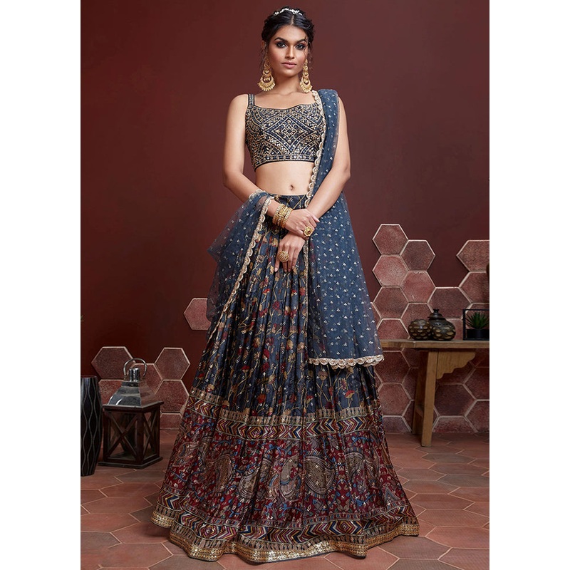 3 Pc Blue Chinon Silk Embroidered Lehenga Set - JD986591725