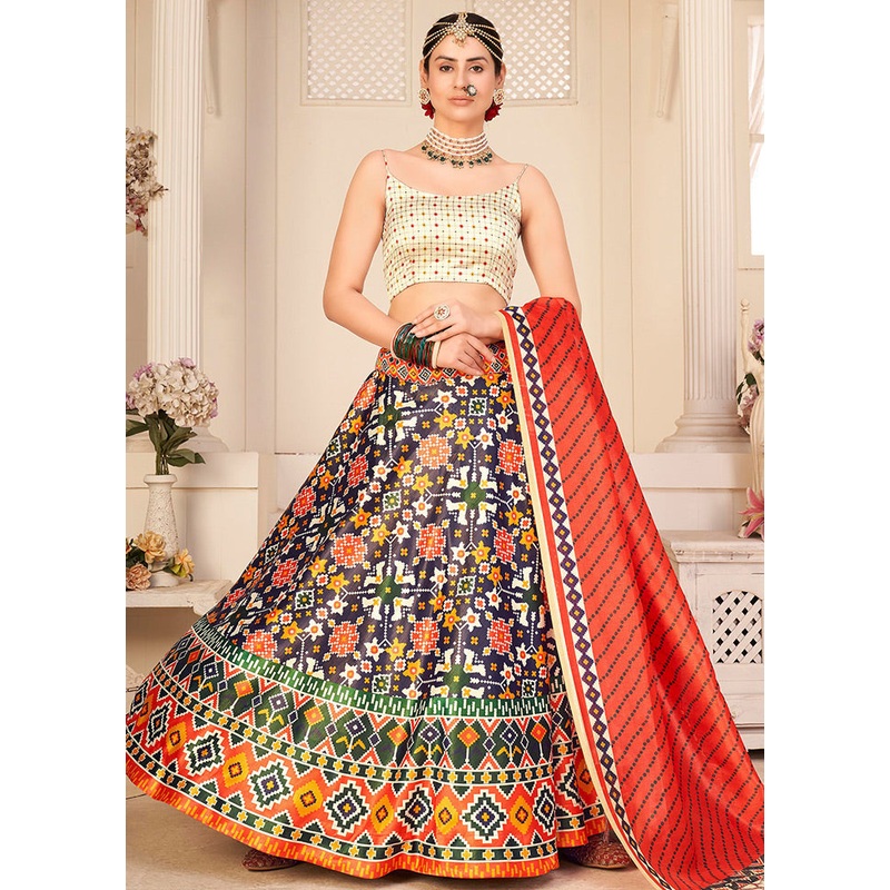 3 Pc Blue Semi Stitched Rera Silk Printed Lehenga Set - JD986591735