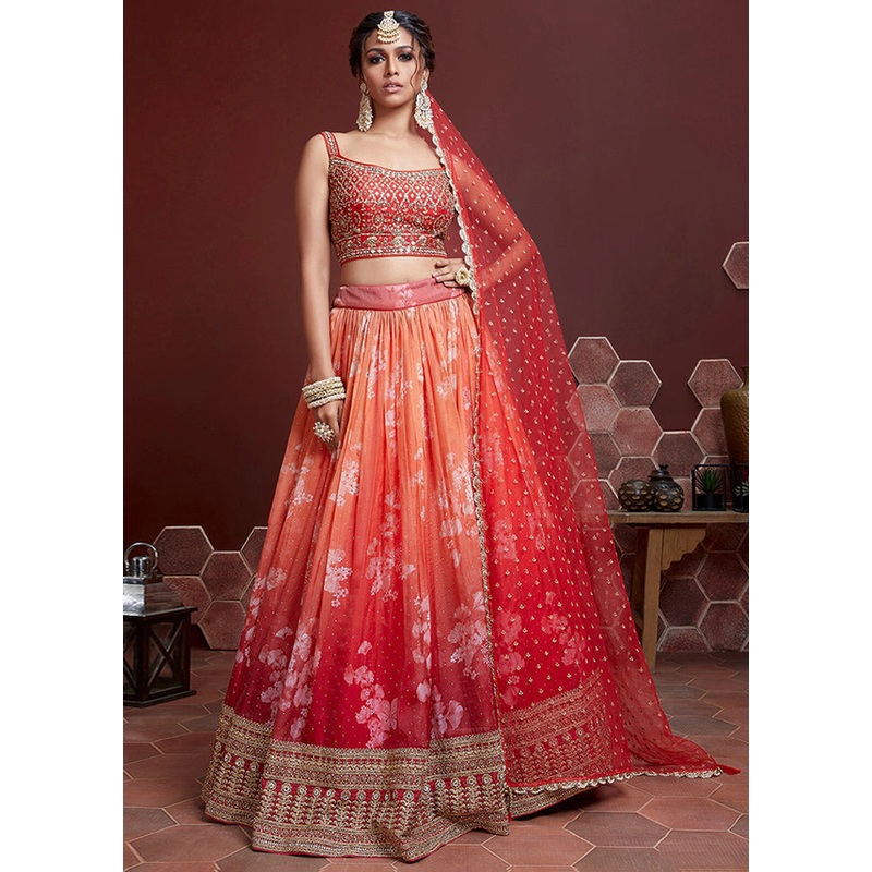 3 Pc Orange Silk Embroidered Lehenga Set - JD986591726