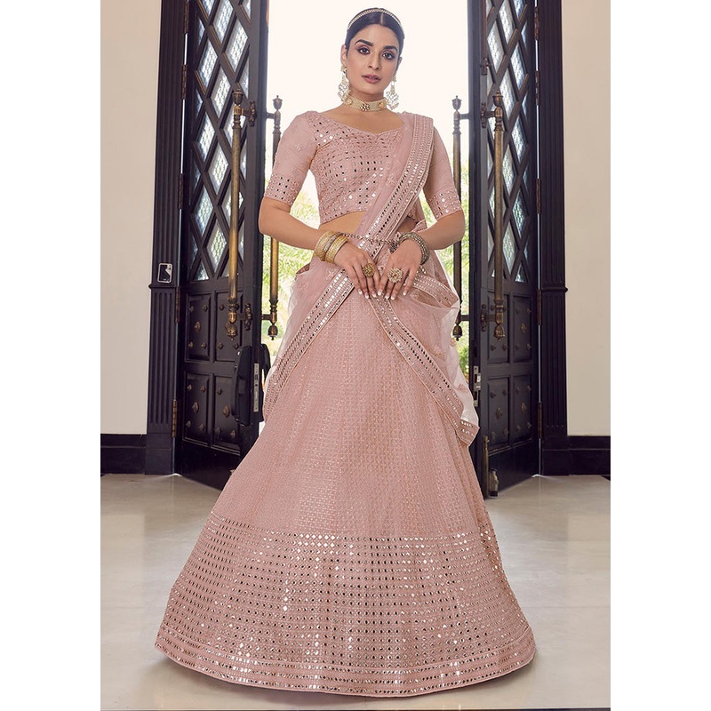3 Pc Peach Georgette Embroidered Lehenga Set - JD986591733