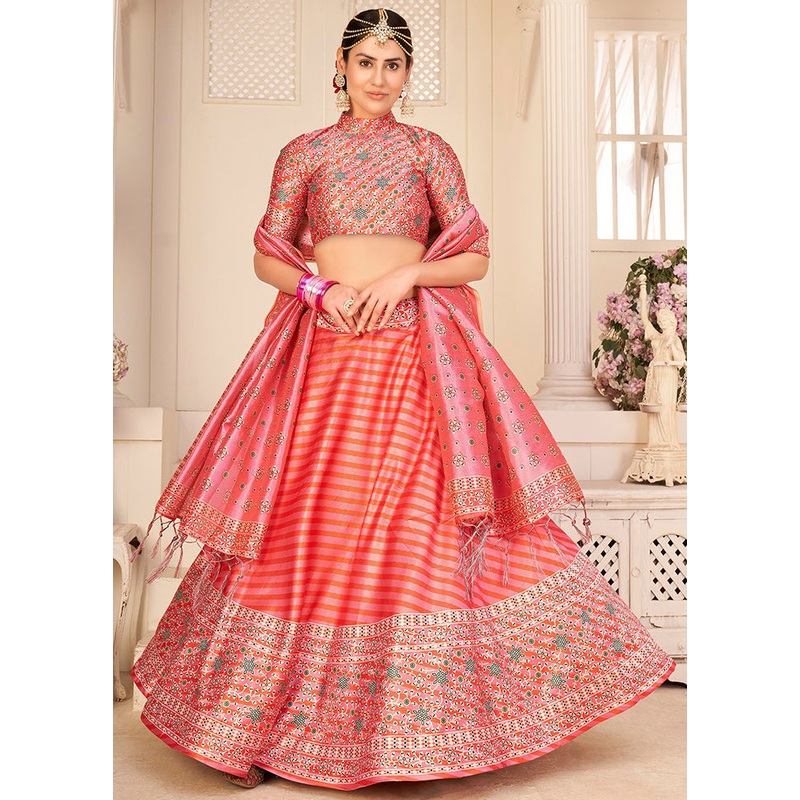 3 Pc Peach Semi Stitched Rera Silk Printed Lehenga Set - JD986591736