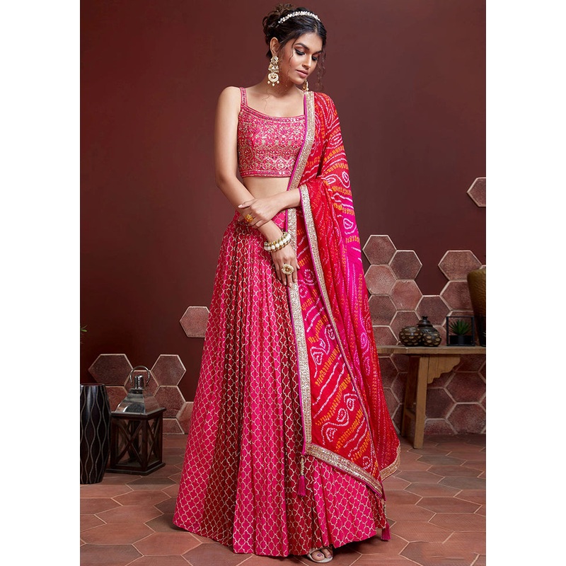 3 Pc Pink Chinon Silk Embroidered Lehenga Set - JD986591728