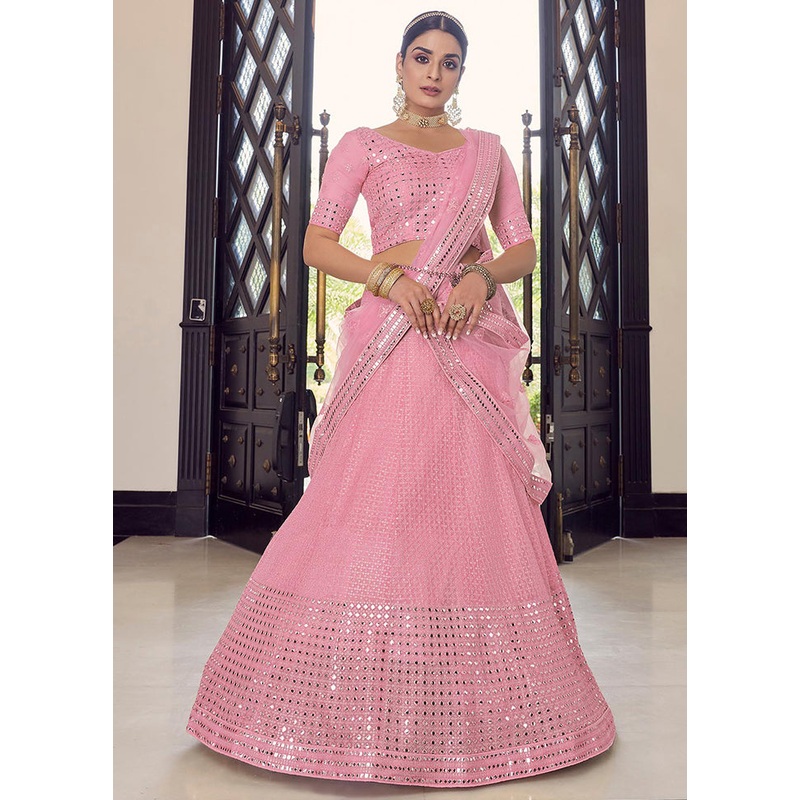 3 Pc Pink Georgette Embroidered Lehenga Set - JD986591734