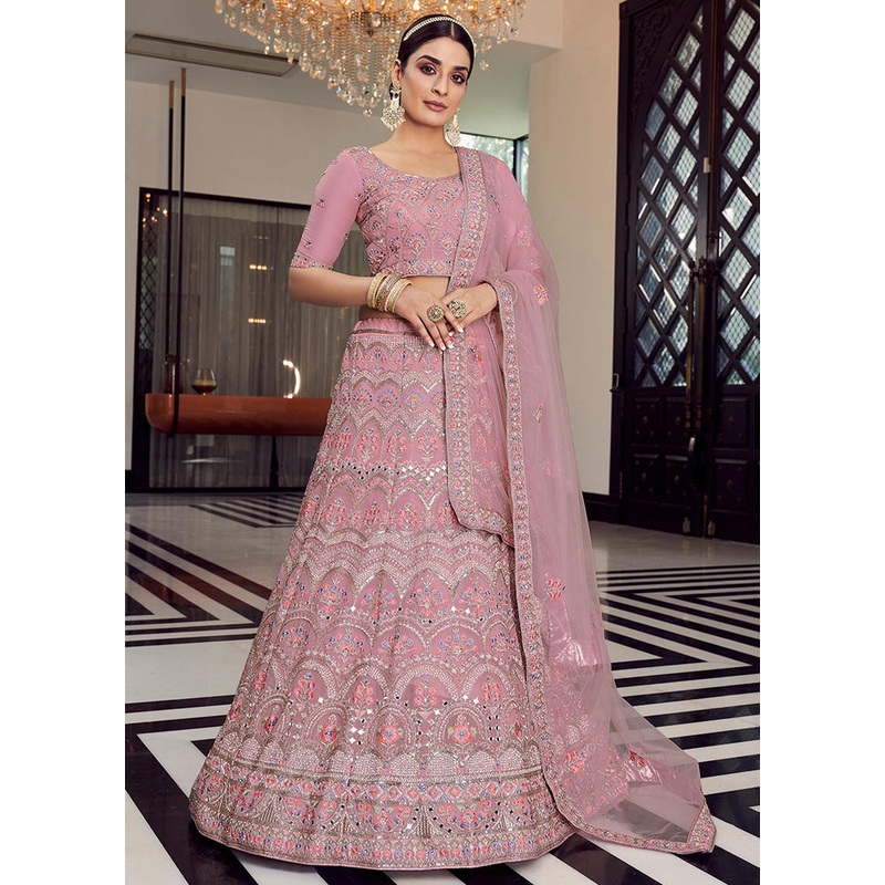 3 Pc Pink Organza Embroidered Lehenga Set - JD986591731