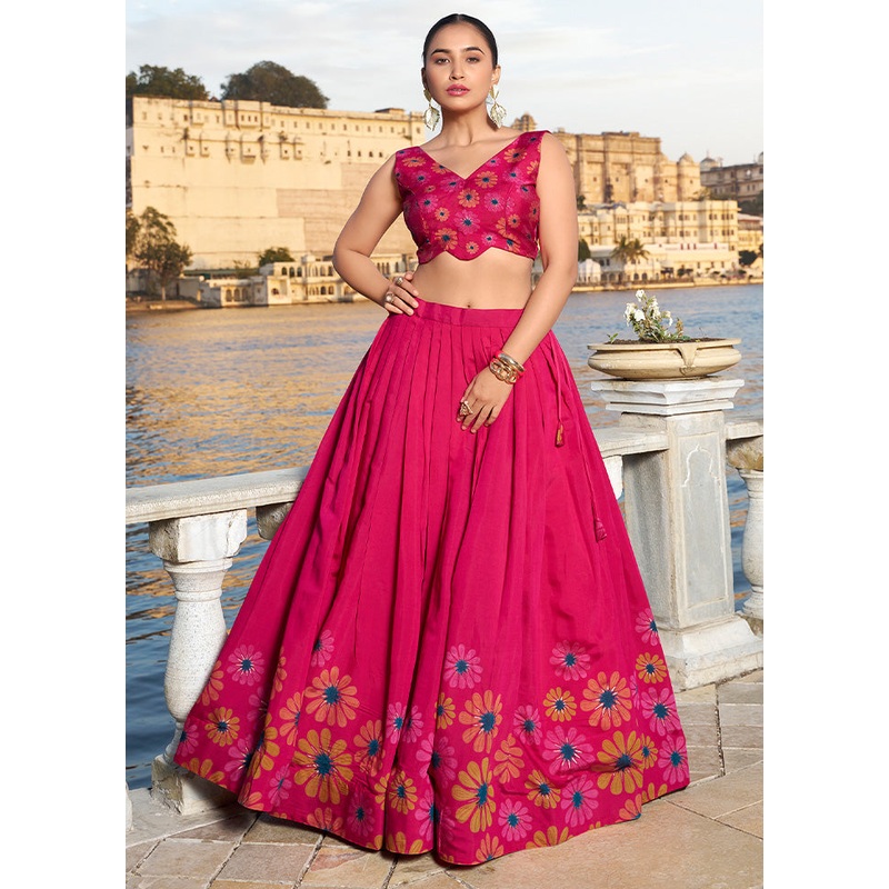 3 Pc Pink Silk Semi Stitched Lehenga Set - JD986591665