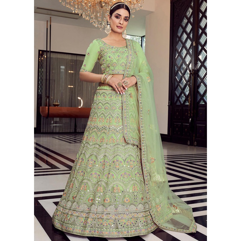 3 Pc Pista Green Organza Embroidered Lehenga Set - JD986591730