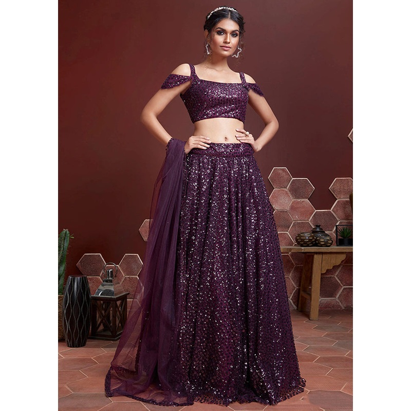3 Pc Purple Net Embroidered Lehenga Set - JD986591727