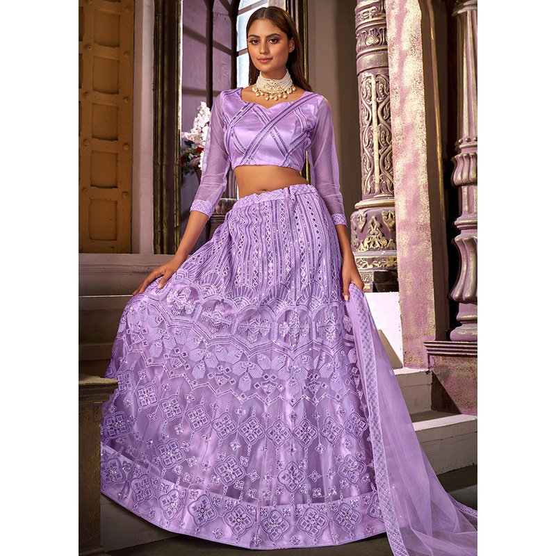 3 Pc Purple Semi Stitched Net Lehenga Set - JD986591723
