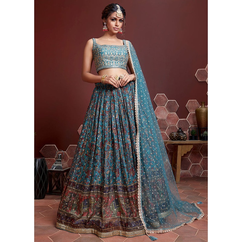 3 Pc Sky Blue Chinon Silk Embroidered Lehenga Set - JD986591729