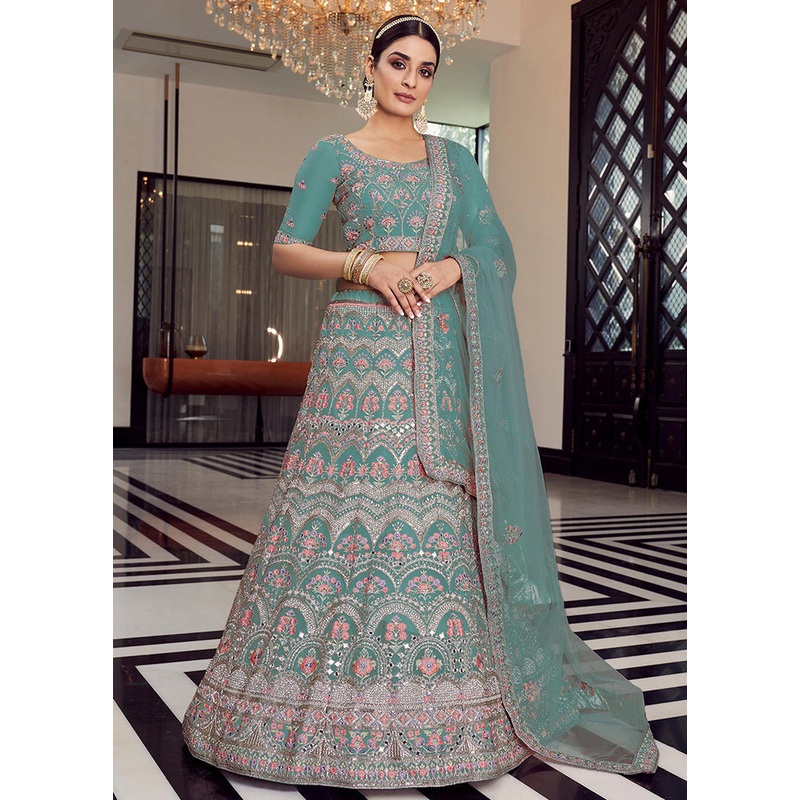 3 Pc Turquoise Organza Embroidered Lehenga Set - JD986591732