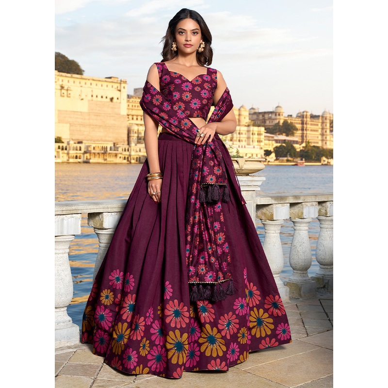 3 Pc Wine Silk Semi Stitched Lehenga Set - JD986591664